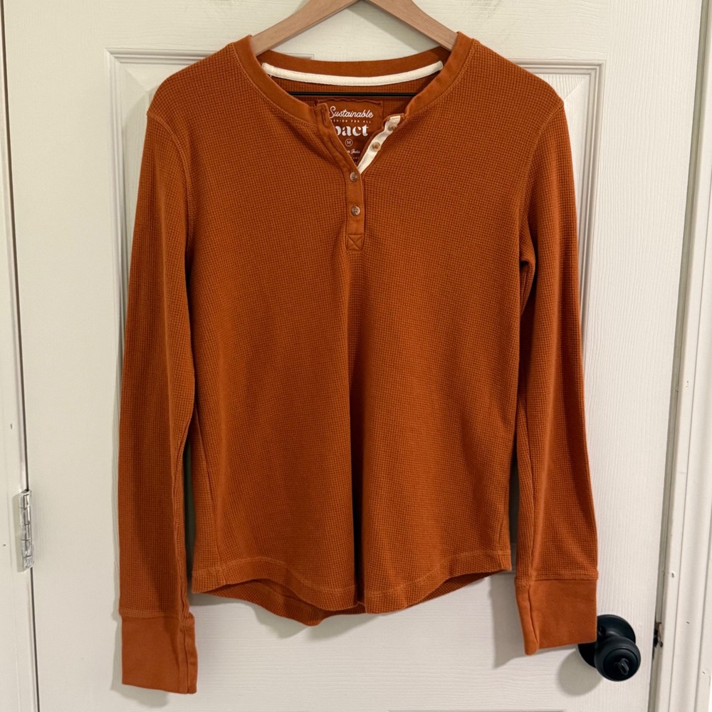 Pact Henley Shirt Womens Medium Orange Organic Cotton Waffle Knit Thermal